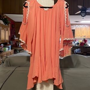 Cold-Shoulder Crochet-Trim Tunic Top in Coral